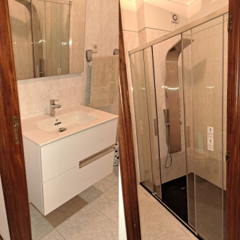 Instalação de Base de Duche Ardósia e Lavatório com móvel suspenso Instalação de Base de Duche Ardósia e Lavatório com móvel suspenso