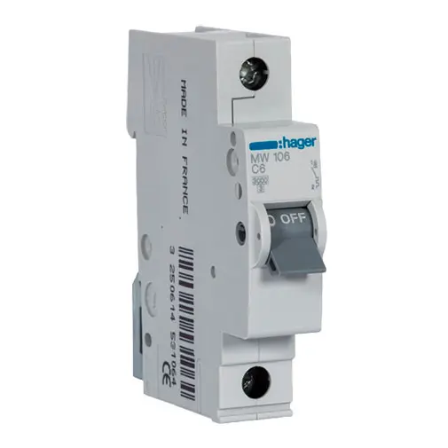 Disjuntor Hager MW106 1P 6 A com curva 3 kA Disjuntor Hager MW106 1P 6 A com curva 3 kA