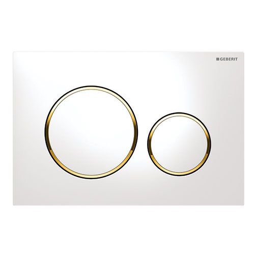Placa descarga dupla Geberit Sigma20 branca e dourada Placa descarga dupla Geberit Sigma20 branca e dourada