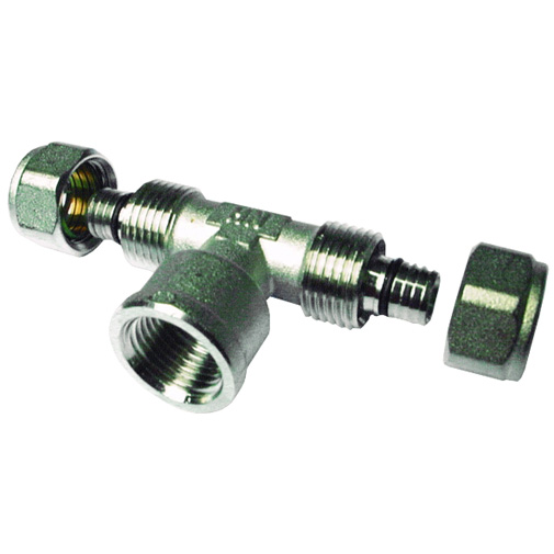 Tê bicone metálico 16 mm x 1/2" F x 16 mm Tê bicone metálico 16 mm x 1/2" F x 16 mm